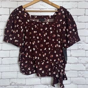 OLM medium floral blouse - cinched waist with tie - short pleated sleeves - NWT